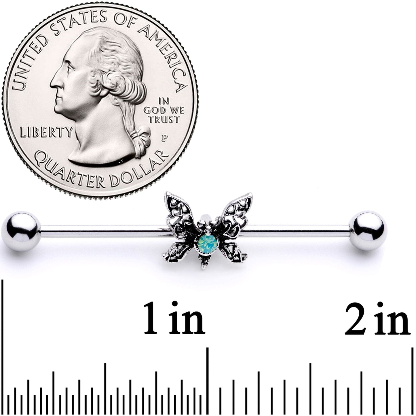 14G Blue Faux Opal Butterfly Industrial Barbell 38mm