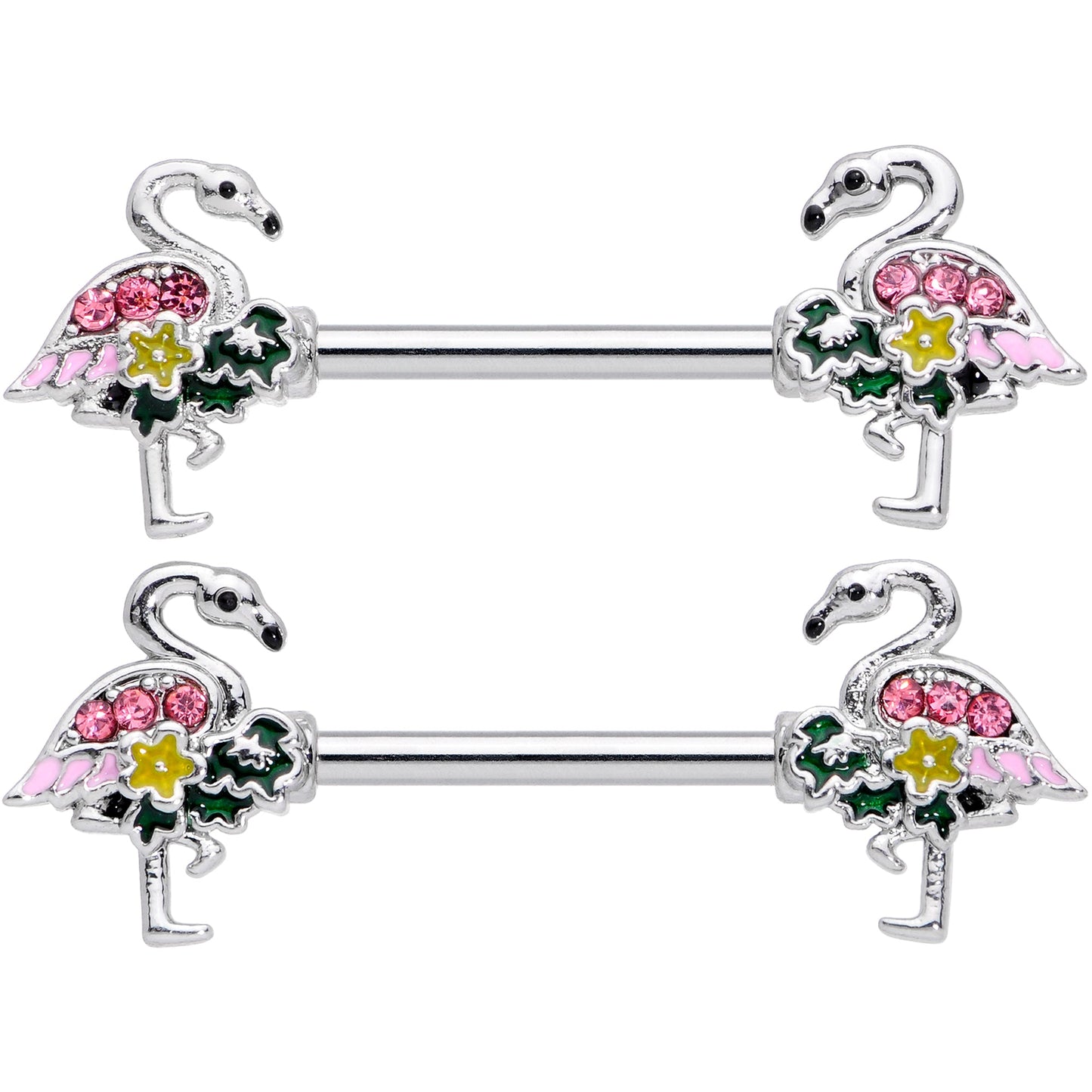 14G 9/16 Pink Gem Funky Flamingo Barbell Nipple Ring Set