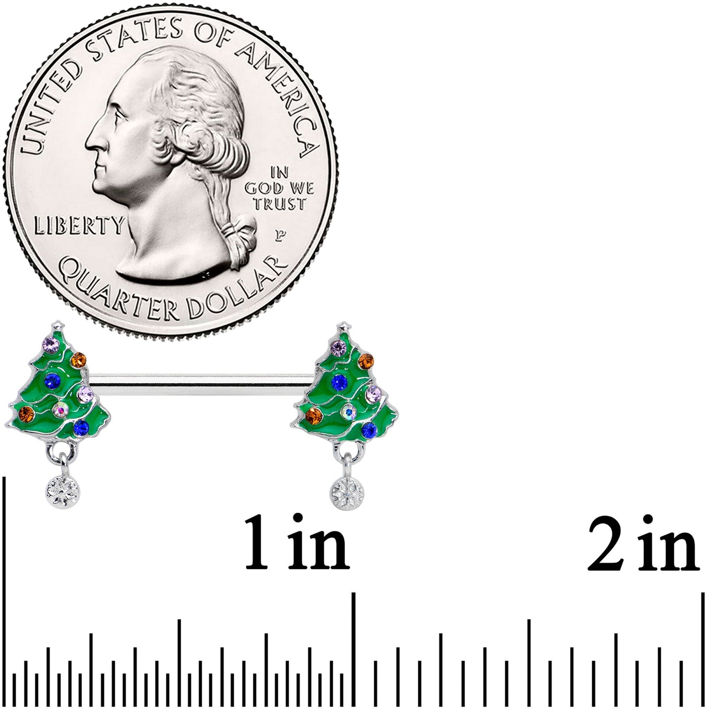 14G 1/2 Clear Blue Red Gem Christmas Tree Barbell Nipple Ring Set