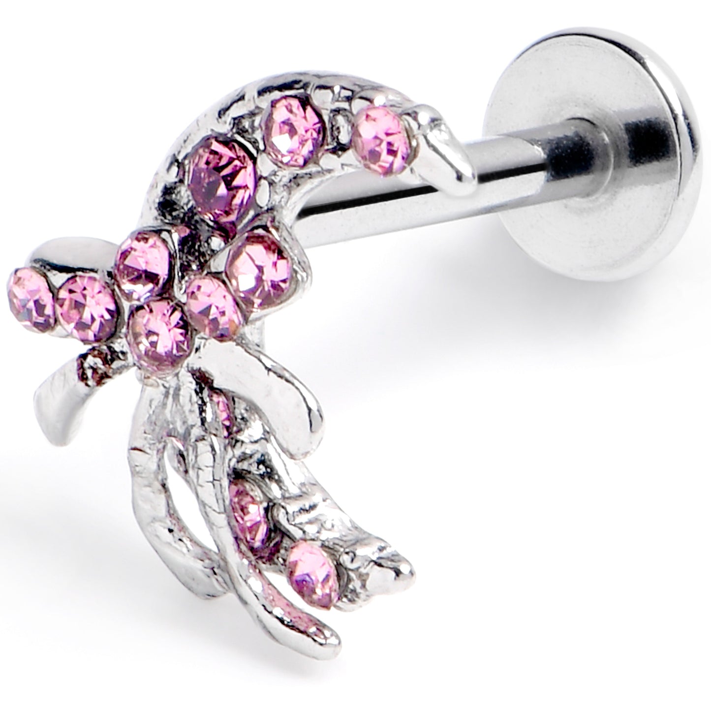 16G 5/16 Pink CZ Gem Bow Moon Labret Monroe Tragus