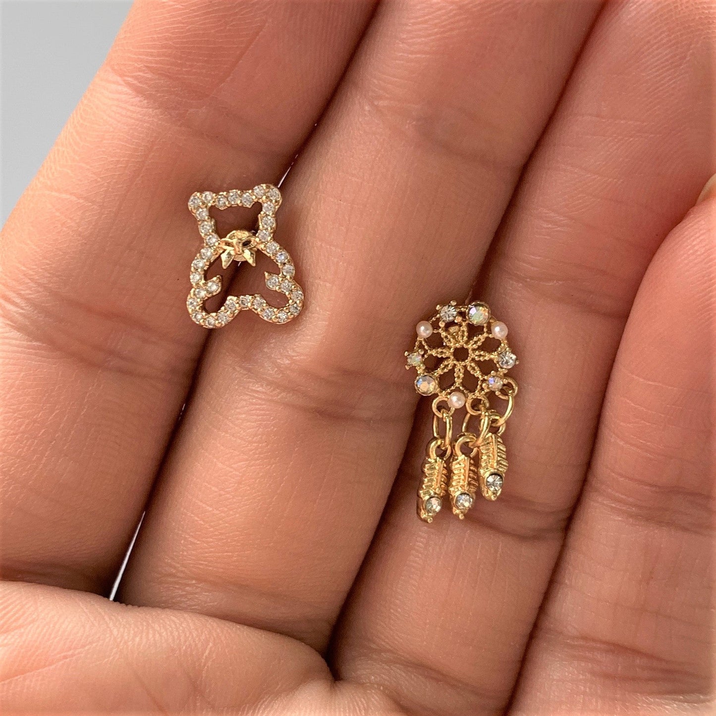 16G 1/4 Aurora CZ Gold Tone Dreamcatcher Feather Dangle Cartilage