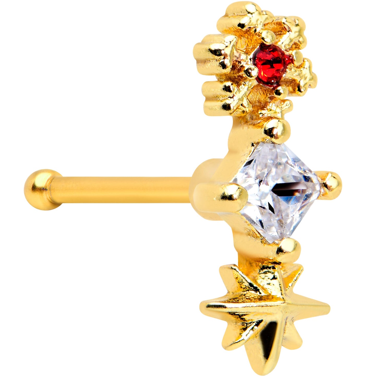 20G 1/4 Clear Red Gem Gold Tone Star Snowflake Nose Bone
