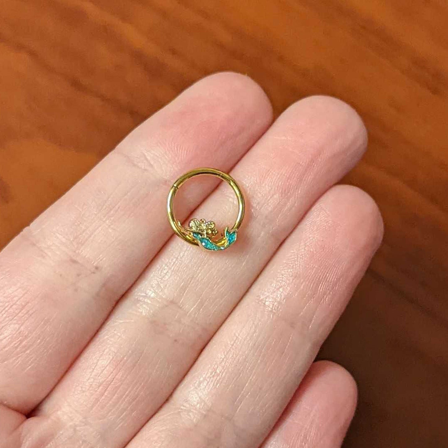 16G 3/8 Green Faux Opal Gold Hue Mermaid Hinged Segment Ring