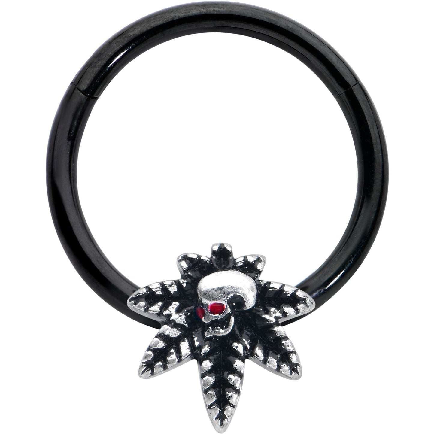 16G 3/8 Red Gem Black Pot Leaf Skull Hinged Segment Ring