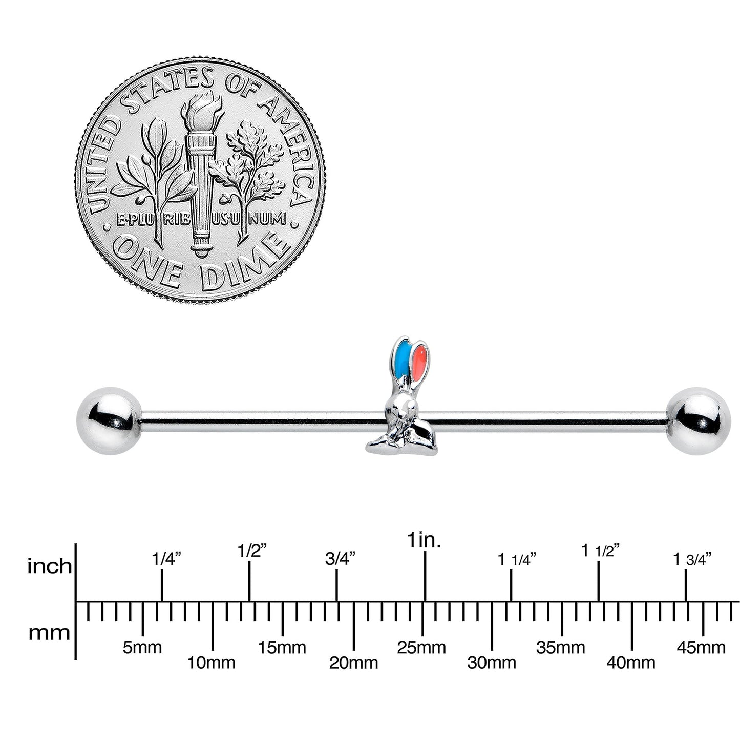 14G Easter Bunny Red Blue Ears Industrial Barbell 38mm