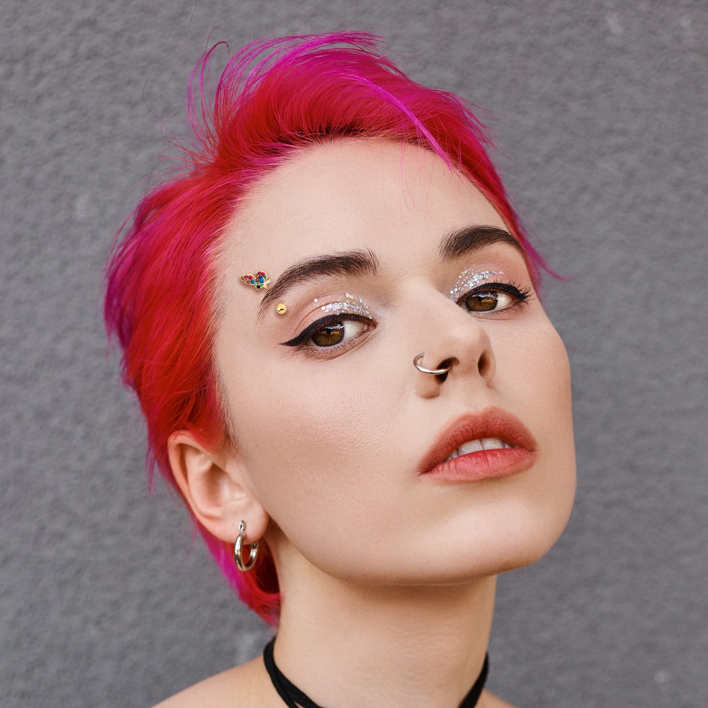 16G 5/16 Red Blue Gem Gold Tone Butterfly Curved Eyebrow Ring