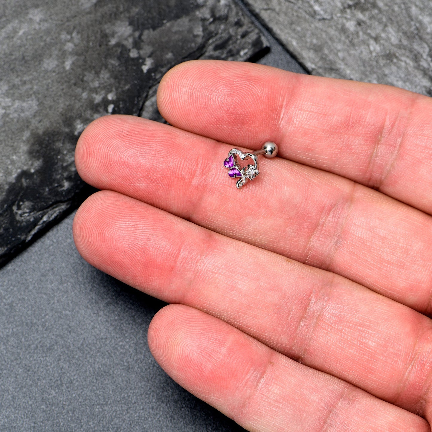 16G 1/4 Clear CZ Gem Butterfly Flower Purple Cartilage Earring