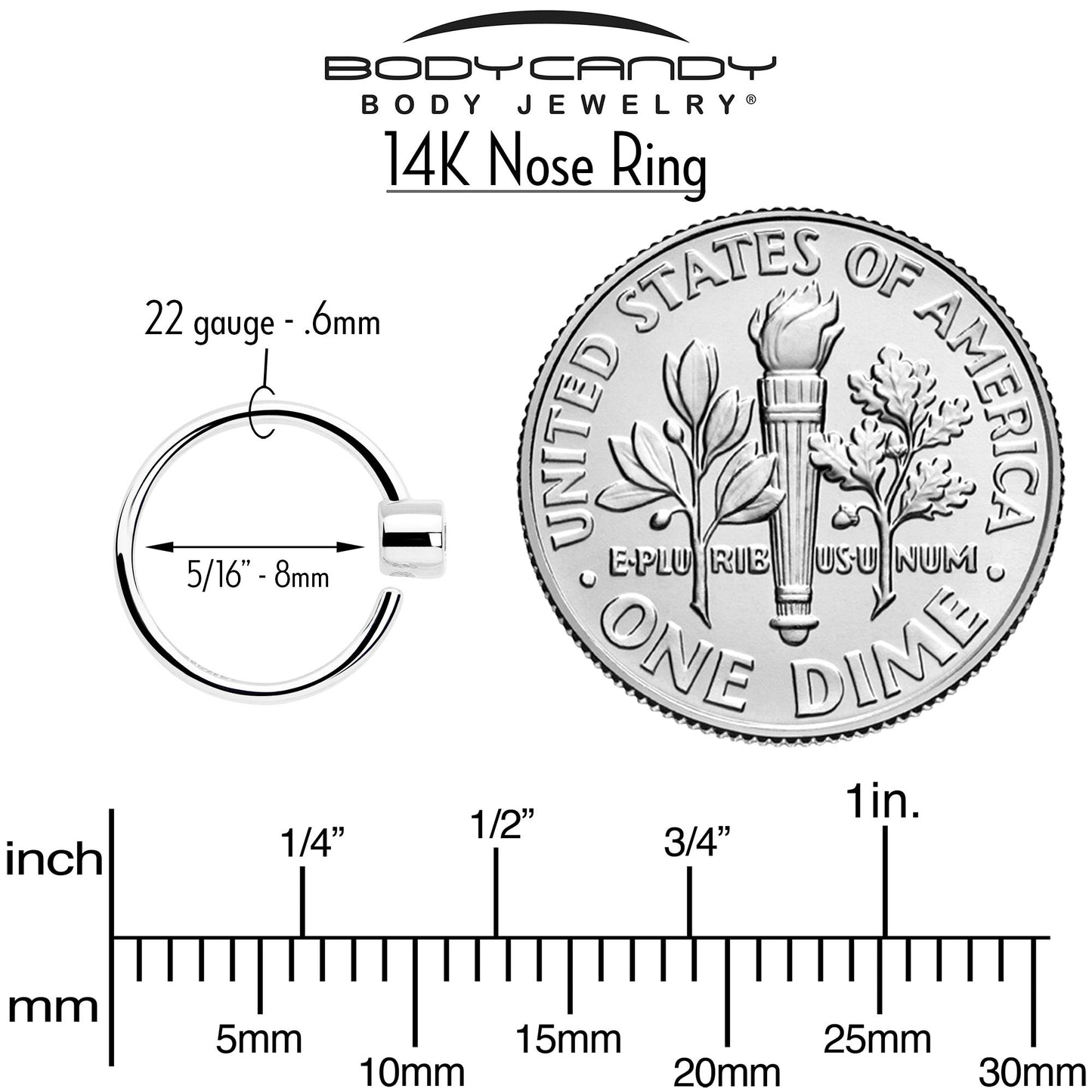 14k Solid White Gold Bendable Nose Hoop 220G 5/16 with 2mm Bezel CZ