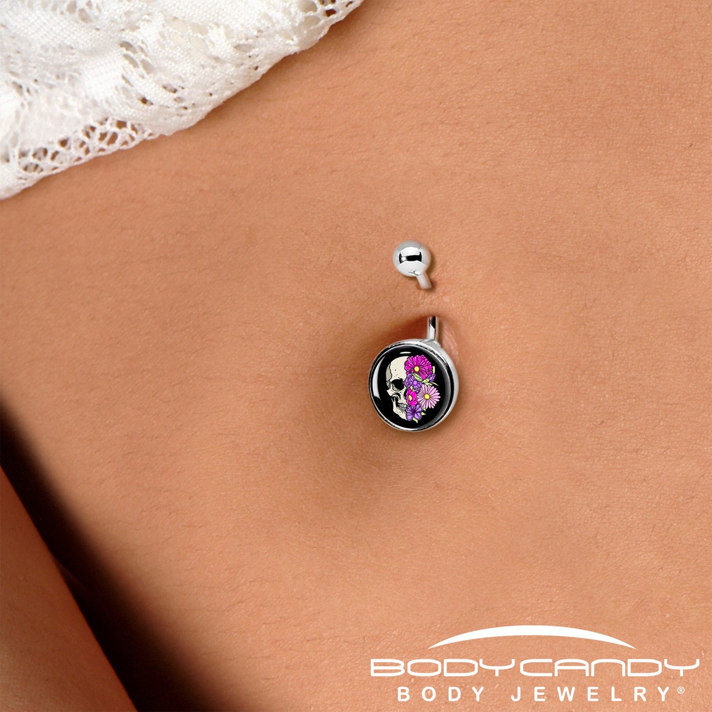 Floral Flowers Skull Belly Ring by Onyx O