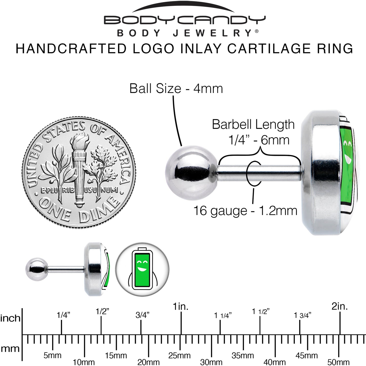 16G 1/4 Battery Full Cartilage Tragus Earring by Onyx O