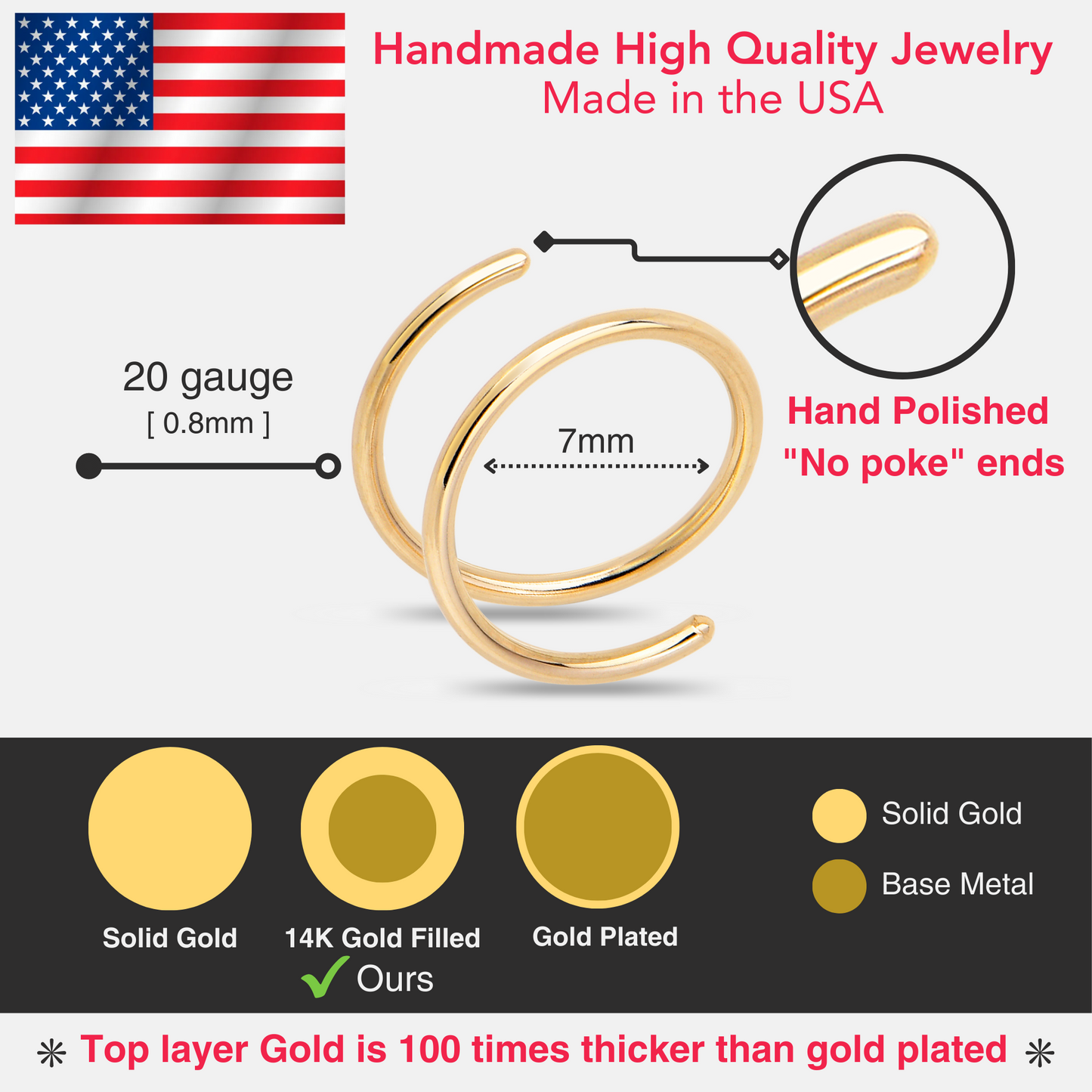 Double Hoop Nose 14k Rose Gold Filled Spiral Nose Ring 20G 8mm Left