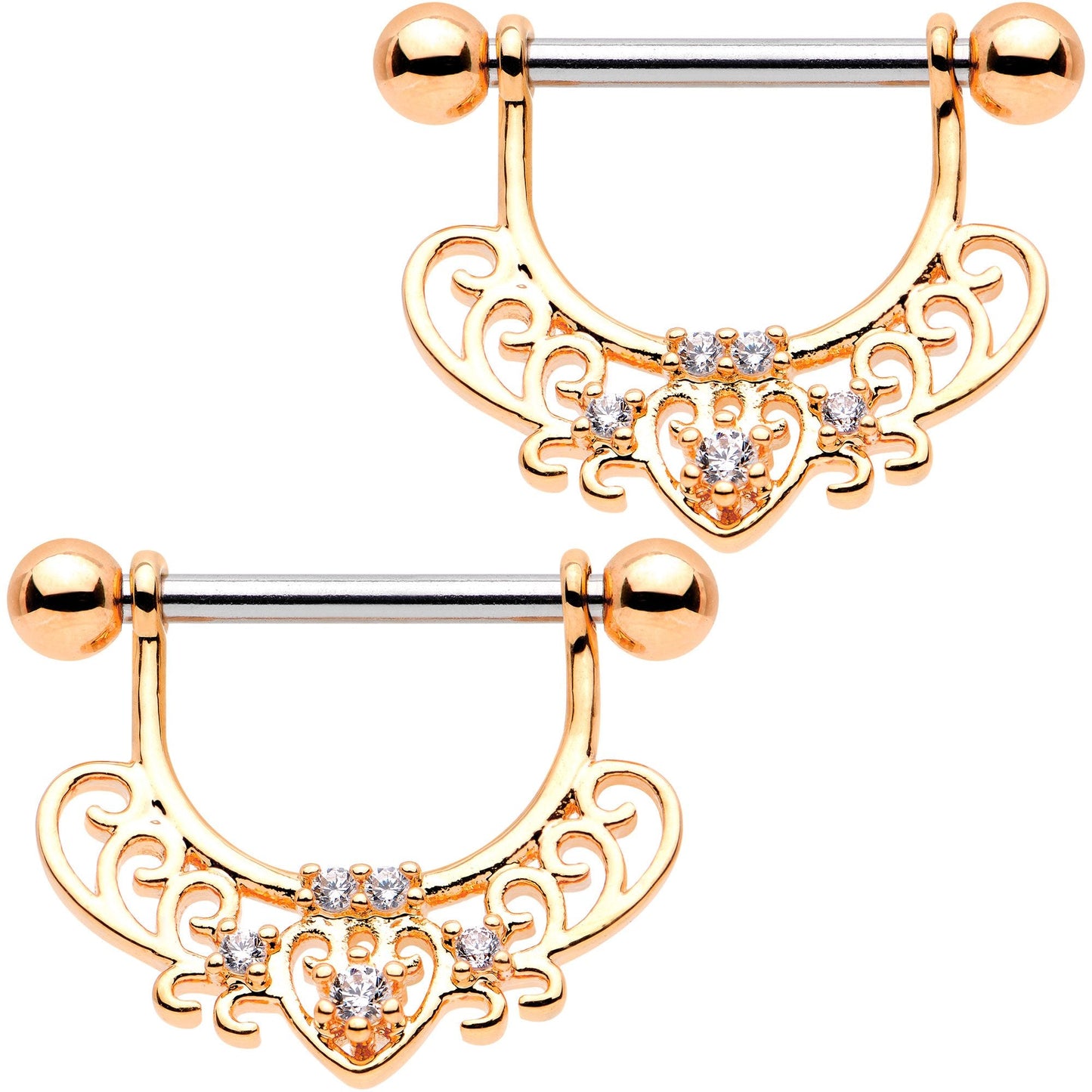 1/2 Clear CZ Gem Rose Gold Tone  Mehndi Dangle Nipple Ring Set